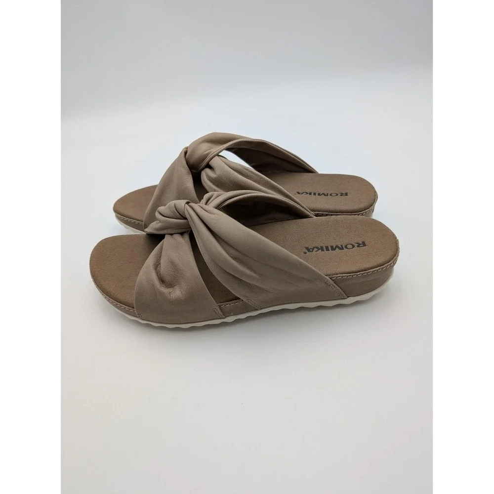 Romika Shoes Womens Size 6.5‎ Beige Slide Sandals Knot Wedge Cushioned Comfort